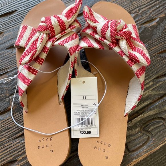 Knitted Fabric Women Flat Slippers With Bow - Red And White