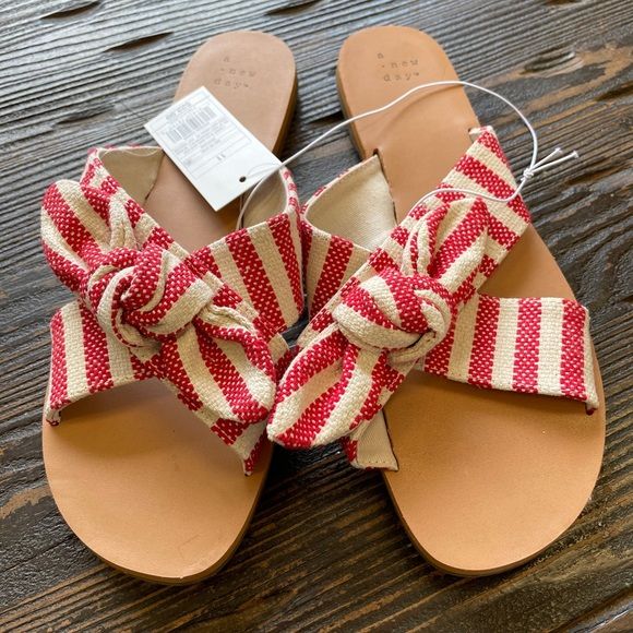 Knitted Fabric Women Flat Slippers With Bow - Red And White