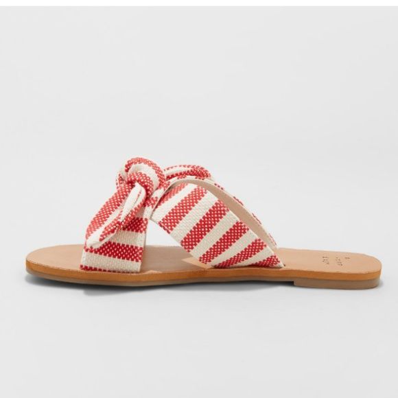 Knitted Fabric Women Flat Slippers With Bow - Red And White