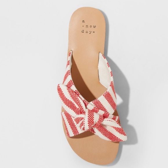 Knitted Fabric Women Flat Slippers With Bow - Red And White