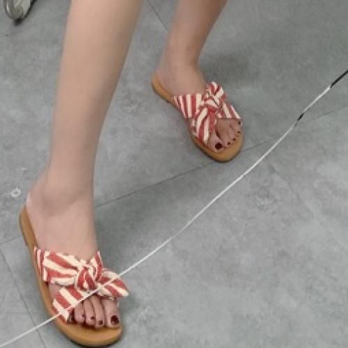 Knitted Fabric Women Flat Slippers With Bow - Red And White