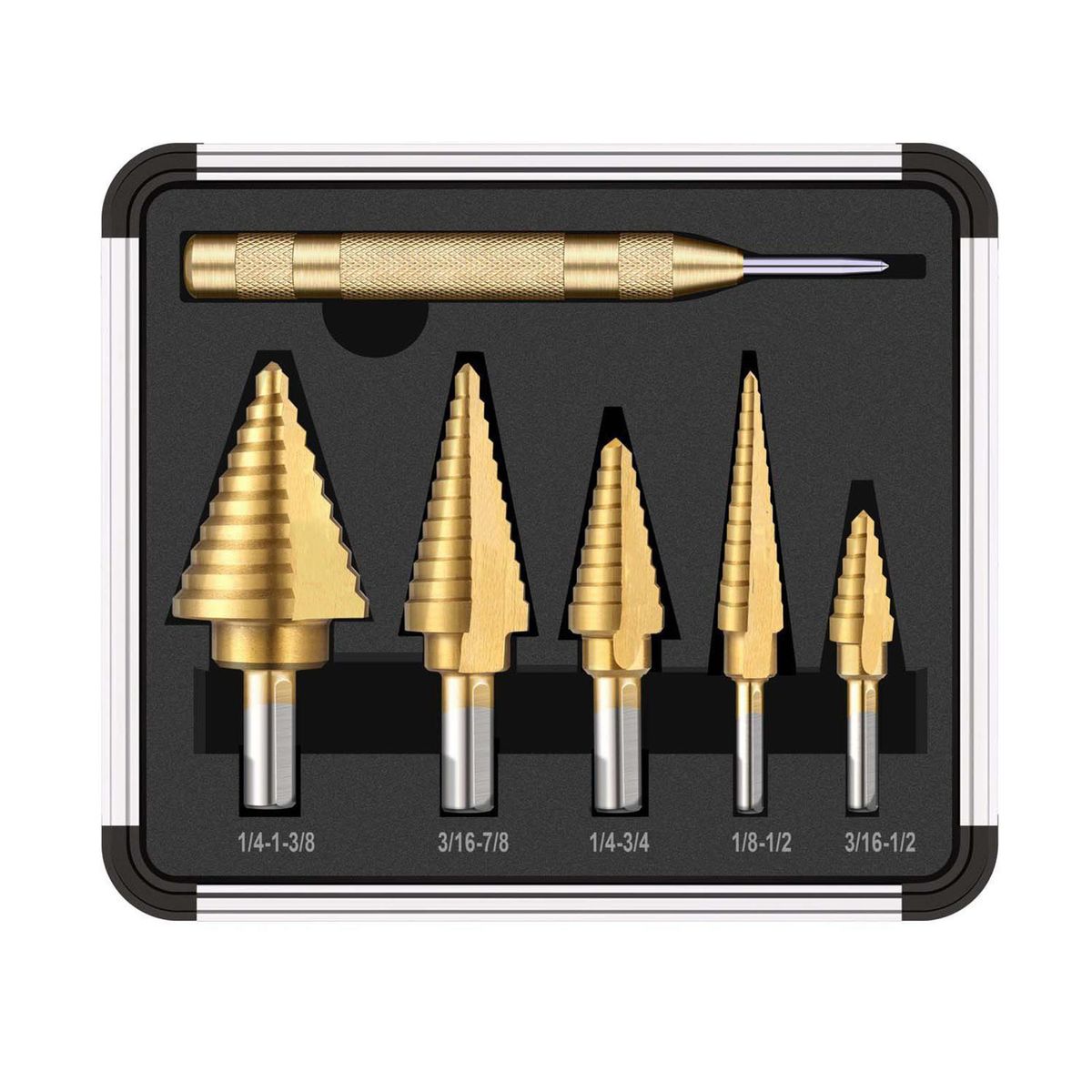 HSS 5PCS Titanium Step Drill Bit Set with Automatic Center Punch High Speed Steel Drill Bits Set with Aluminum Case Multiple Hole Stepped Up Bits for Plastic Wood Metal
