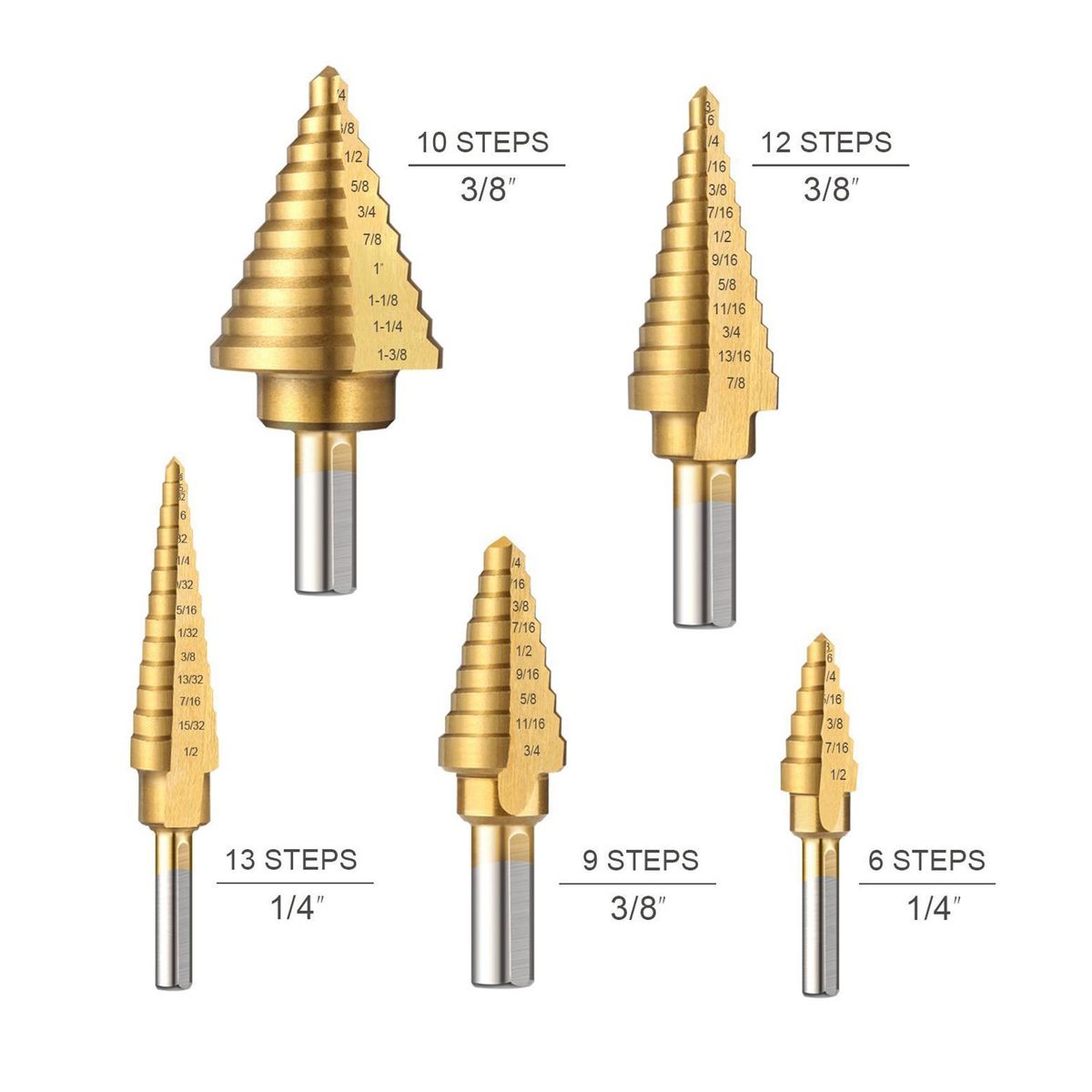 HSS 5PCS Titanium Step Drill Bit Set with Automatic Center Punch High Speed Steel Drill Bits Set with Aluminum Case Multiple Hole Stepped Up Bits for Plastic Wood Metal