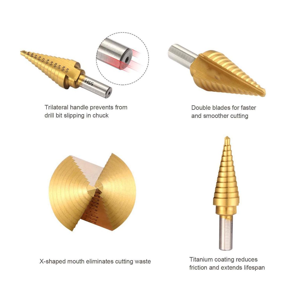 HSS 5PCS Titanium Step Drill Bit Set with Automatic Center Punch High Speed Steel Drill Bits Set with Aluminum Case Multiple Hole Stepped Up Bits for Plastic Wood Metal