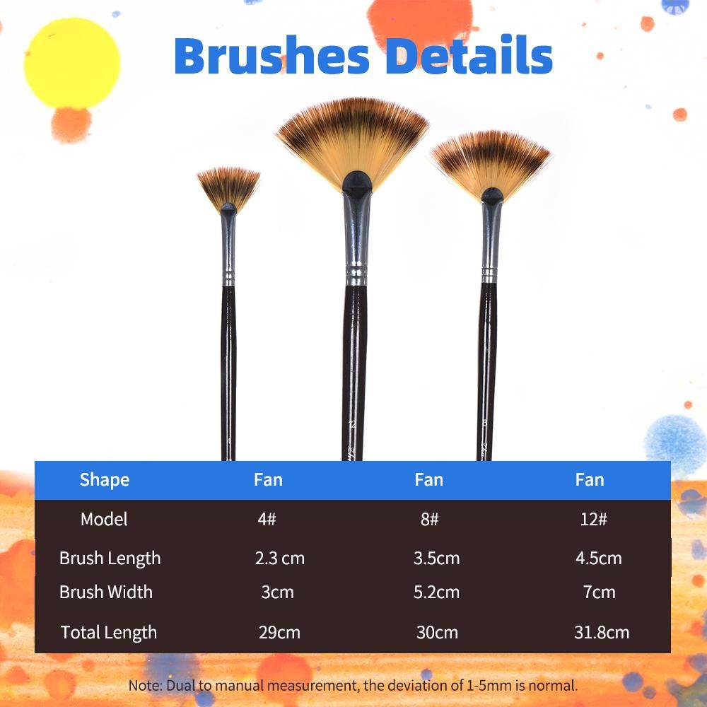 Fan Paint Brushes Set 3pcs Anti-Shedding 3-Color Soft Fan Brush Nylon Hair Long Wood Handle Artist Paintbrush for Acrylic Oil Watercolor Gouache Painting