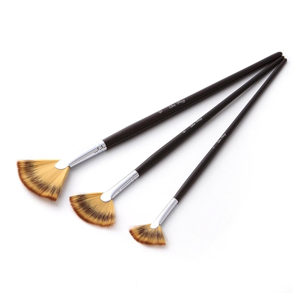Fan Paint Brushes Set 3pcs Anti-Shedding 3-Color Soft Fan Brush Nylon Hair Long Wood Handle Artist Paintbrush for Acrylic Oil Watercolor Gouache Painting