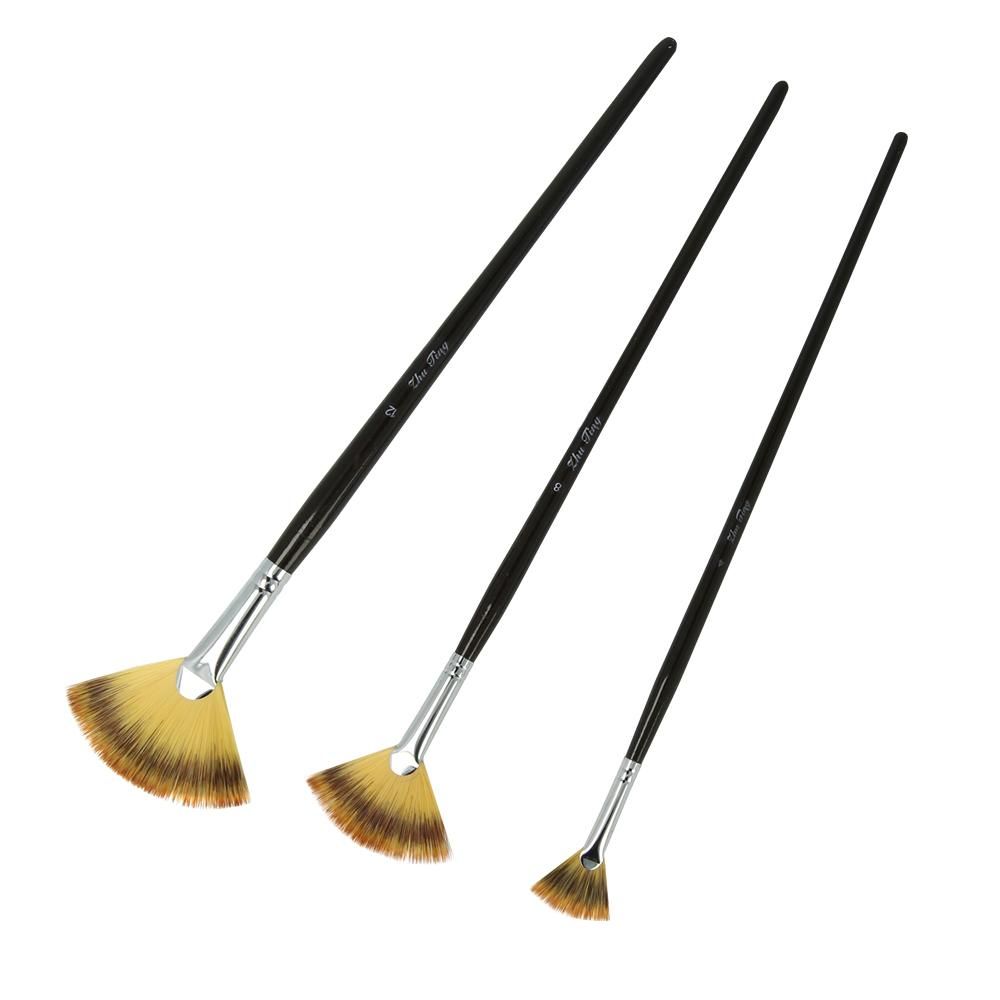 Fan Paint Brushes Set 3pcs Anti-Shedding 3-Color Soft Fan Brush Nylon Hair Long Wood Handle Artist Paintbrush for Acrylic Oil Watercolor Gouache Painting