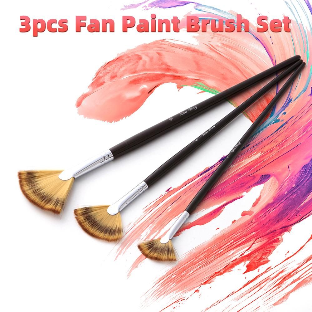 Fan Paint Brushes Set 3pcs Anti-Shedding 3-Color Soft Fan Brush Nylon Hair Long Wood Handle Artist Paintbrush for Acrylic Oil Watercolor Gouache Painting