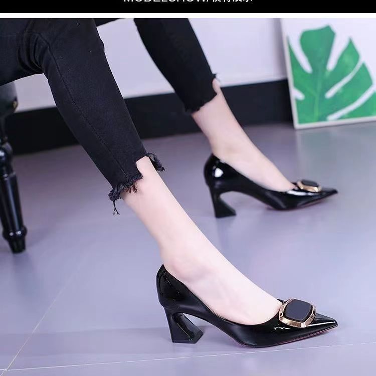 Ladies Pointed Thick Heel High Heel Shoes-Black