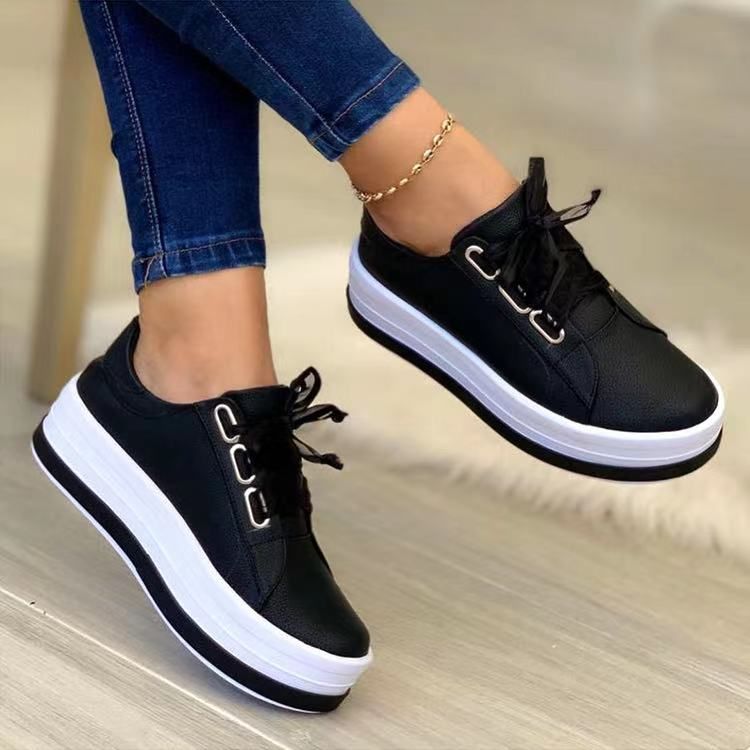 Quality Sporty Ladies Sneakers Flat Platform Shoe-black