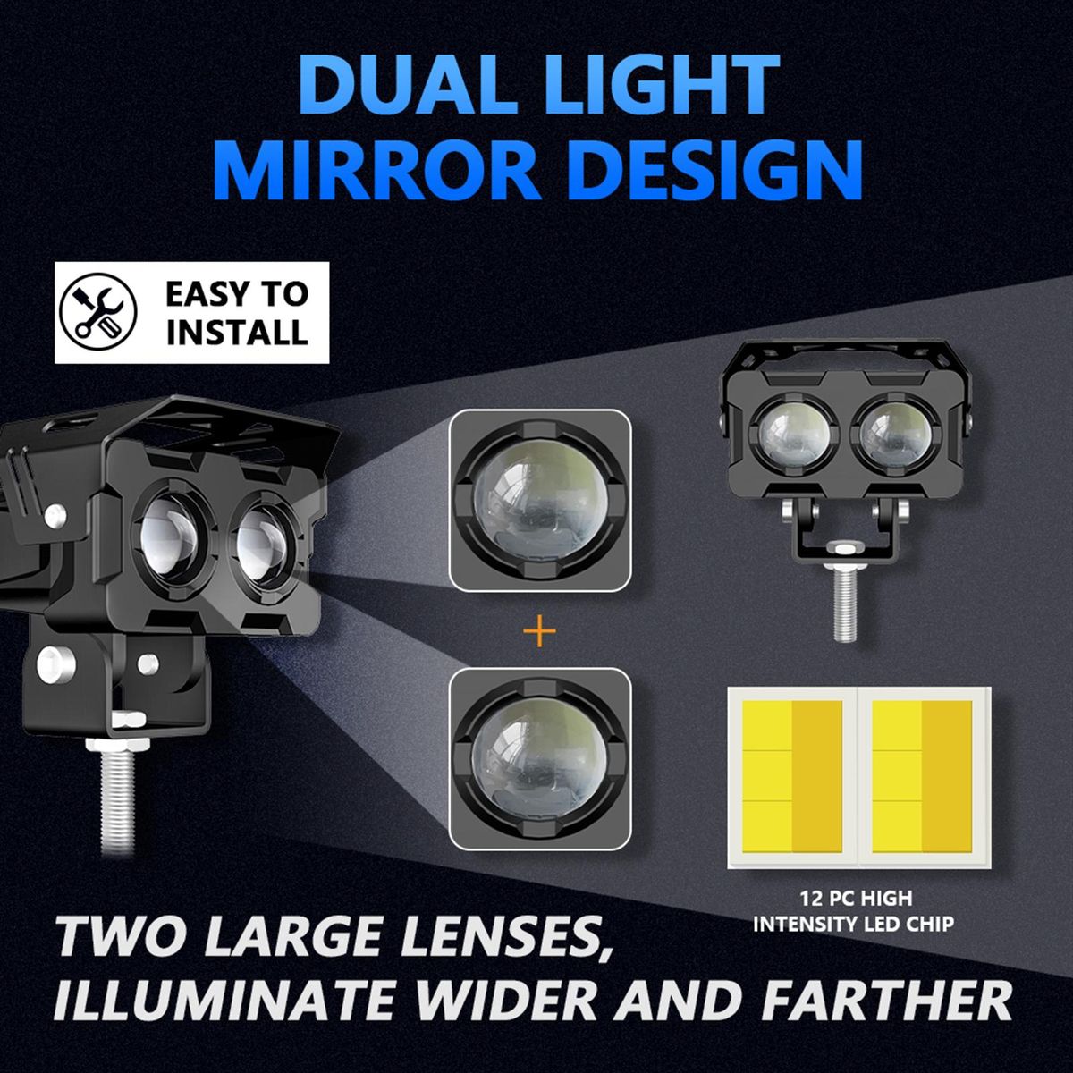 2Pcs Motorcycle Spot Lights Motorcycle LED Driving Fog Lights White and Amber LED Spotlights 120W 12000LM for Motorcycle Tractor Truck ATV SUV Boat