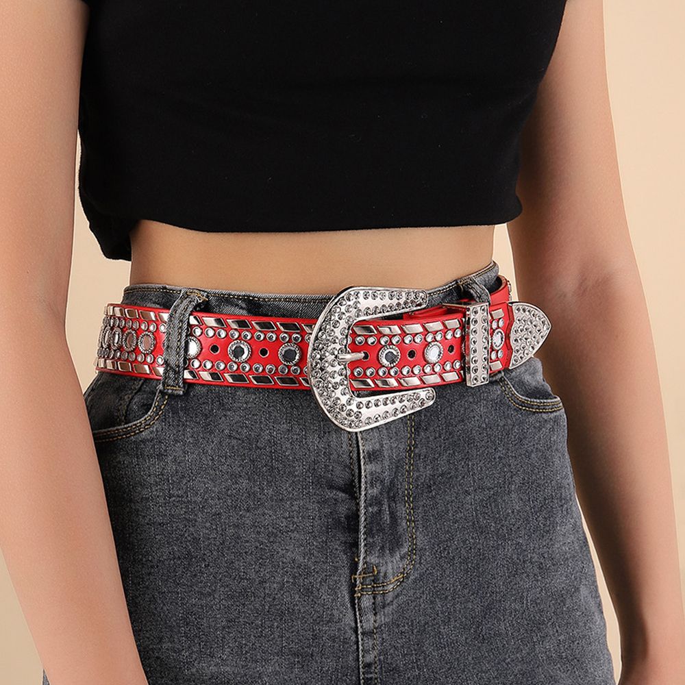 Luxury Rhinestone Belt Women Vintage Western Crystal Studded Belt-Red