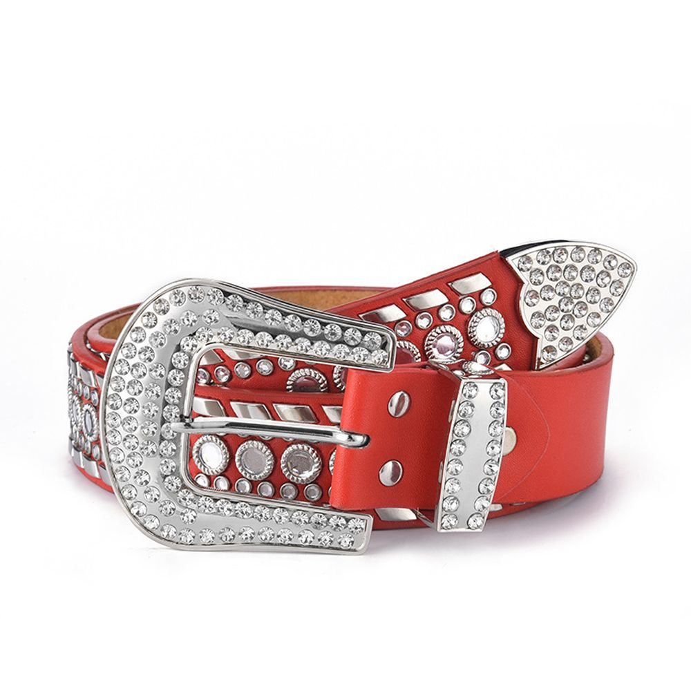 Luxury Rhinestone Belt Women Vintage Western Crystal Studded Belt-Red