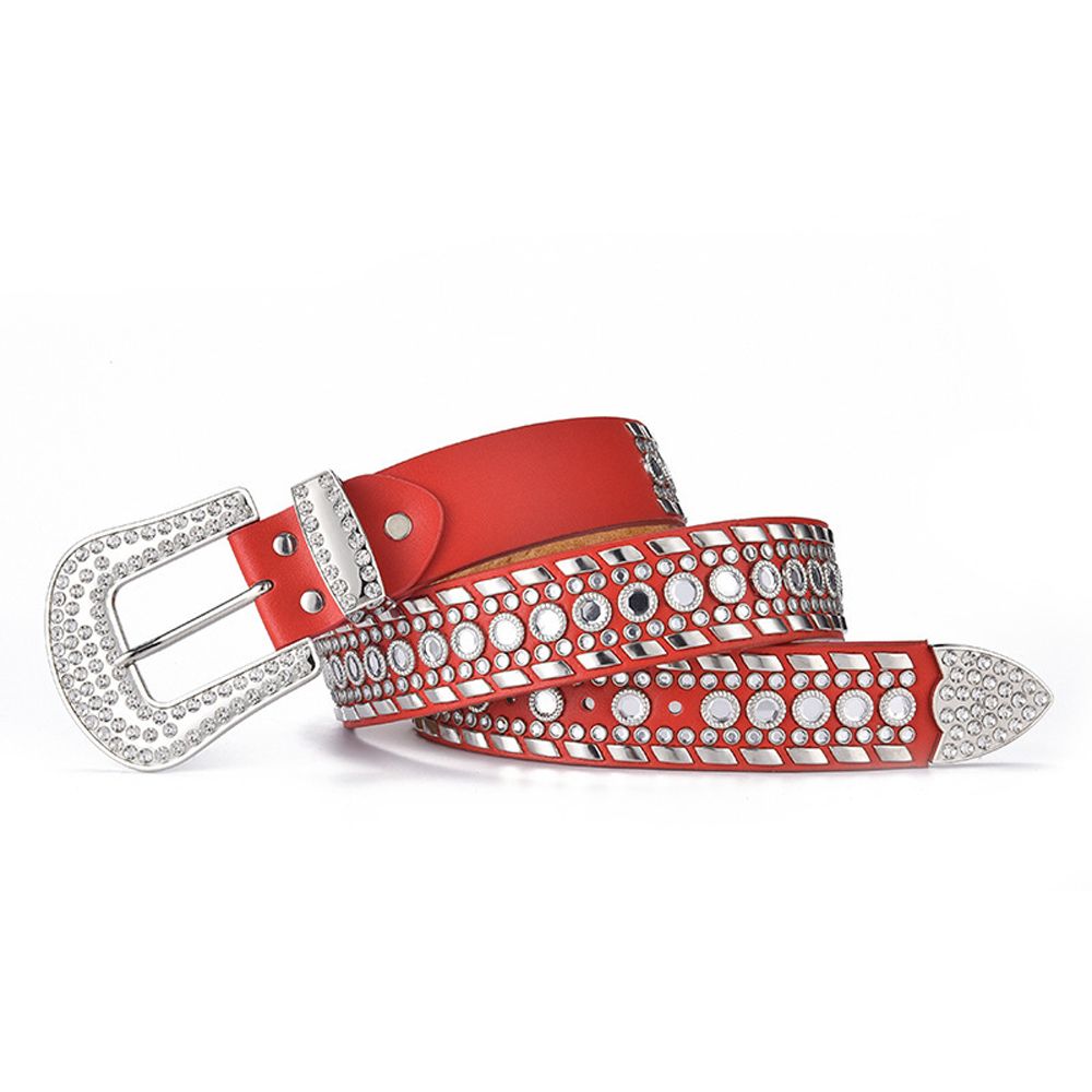 Luxury Rhinestone Belt Women Vintage Western Crystal Studded Belt-Red