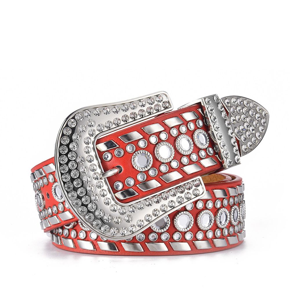 Luxury Rhinestone Belt Women Vintage Western Crystal Studded Belt-Red