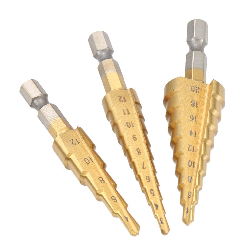 3 Pcs/set HSS Titanium Coated Straight Flute Step Drill Bits Essential Hardware Tool Pagoda Drill Bit Set 3-12mm 4-12mm 4-20mm