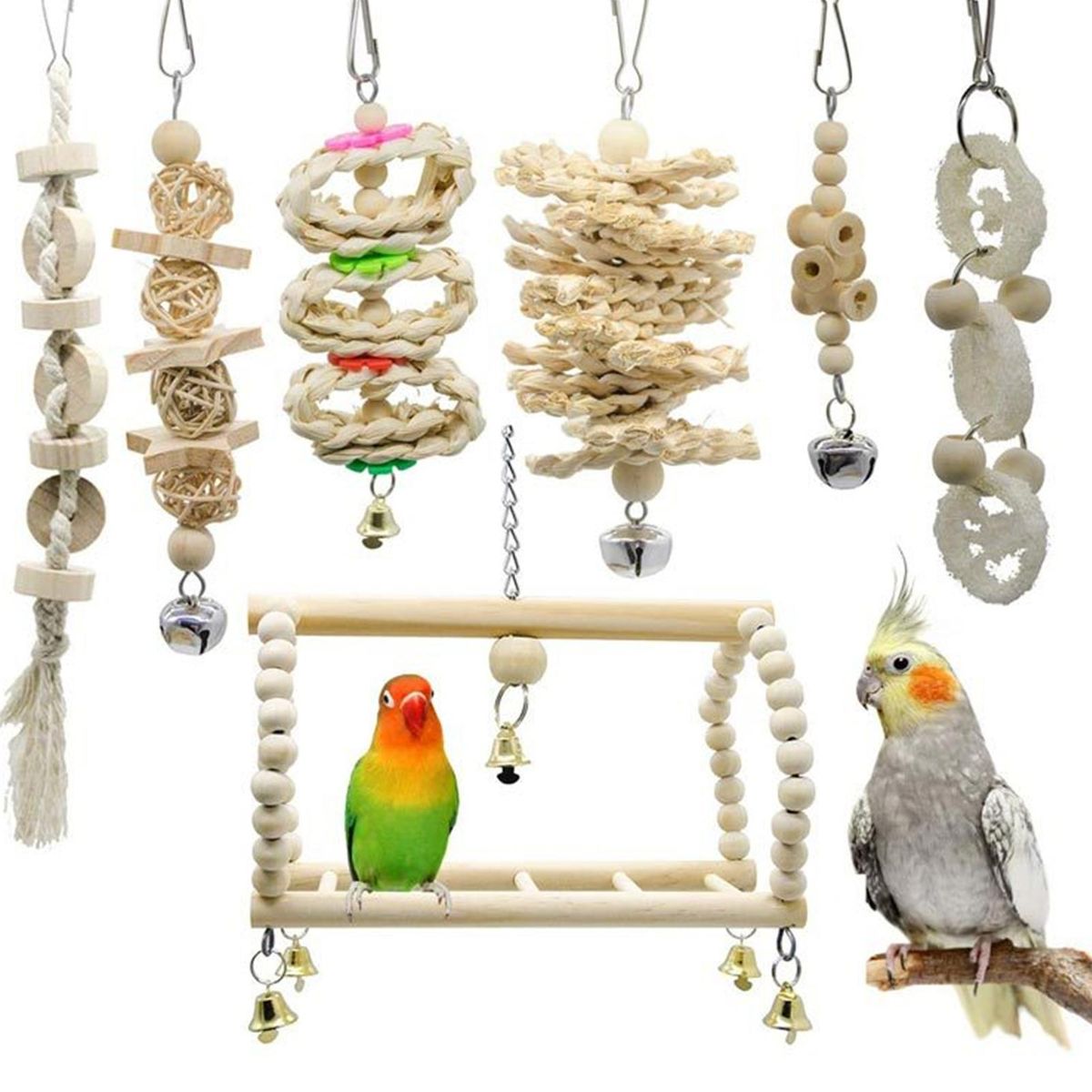 Parrot Bird Toy Set Swing Cage Accessories Wooden Color 7-Piece Set  Bird Toys  Interactive  Targeted Audience