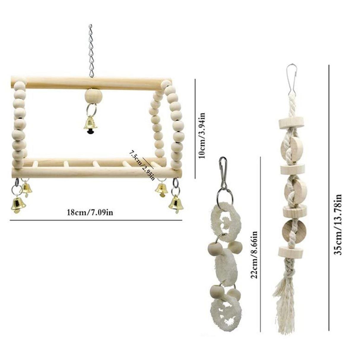 Parrot Bird Toy Set Swing Cage Accessories Wooden Color 7-Piece Set  Bird Toys  Interactive  Targeted Audience