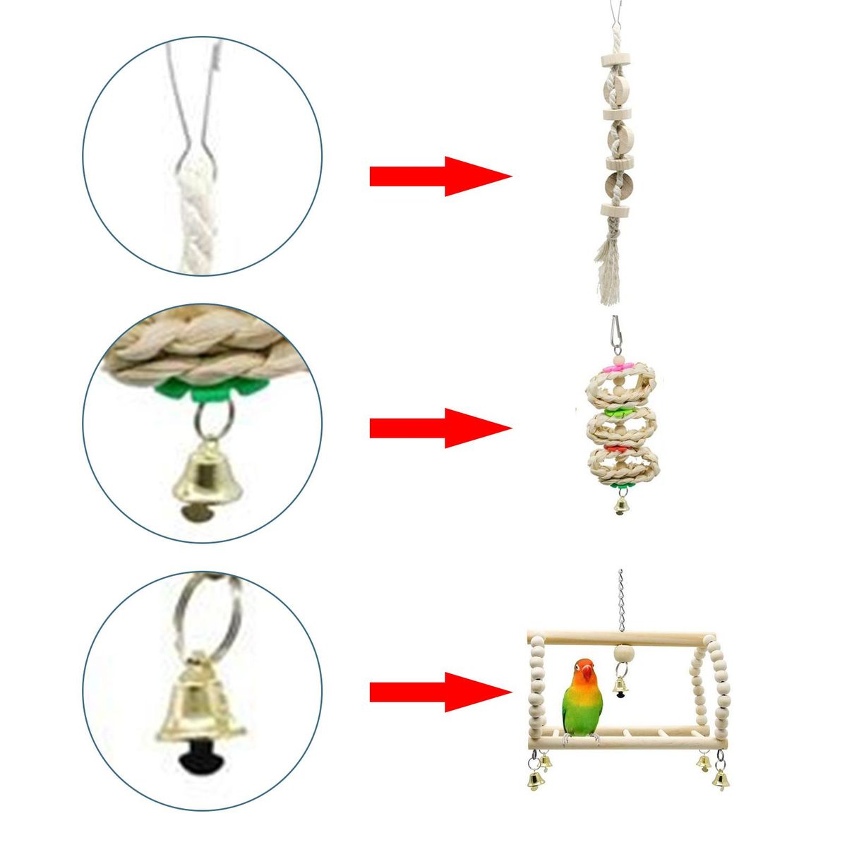 Parrot Bird Toy Set Swing Cage Accessories Wooden Color 7-Piece Set  Bird Toys  Interactive  Targeted Audience