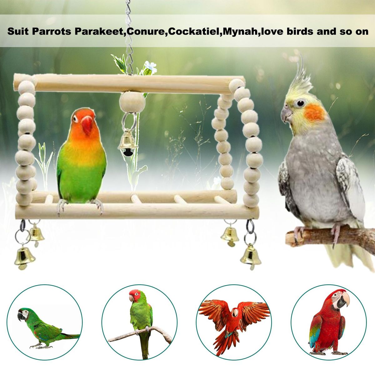 Parrot Bird Toy Set Swing Cage Accessories Wooden Color 7-Piece Set  Bird Toys  Interactive  Targeted Audience