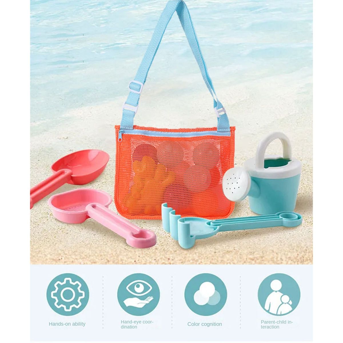 6Pcs Mesh Beach Toy Bag Colorful Kids Beach Bag Shell
