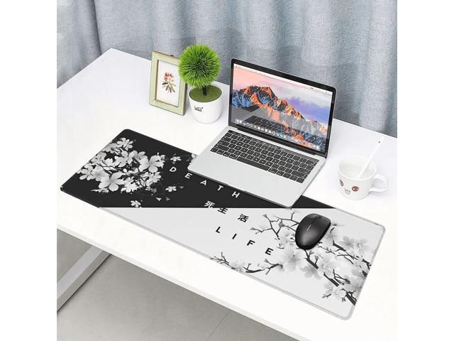 Black And White Cherry Blossom Gaming Mouse Pad XL Extended Large Mouse Mat Desk Pad Stitched Edges Mousepad Long Non-Slip Rubber Base Mice Pad 31.5 X 11.8 Inch