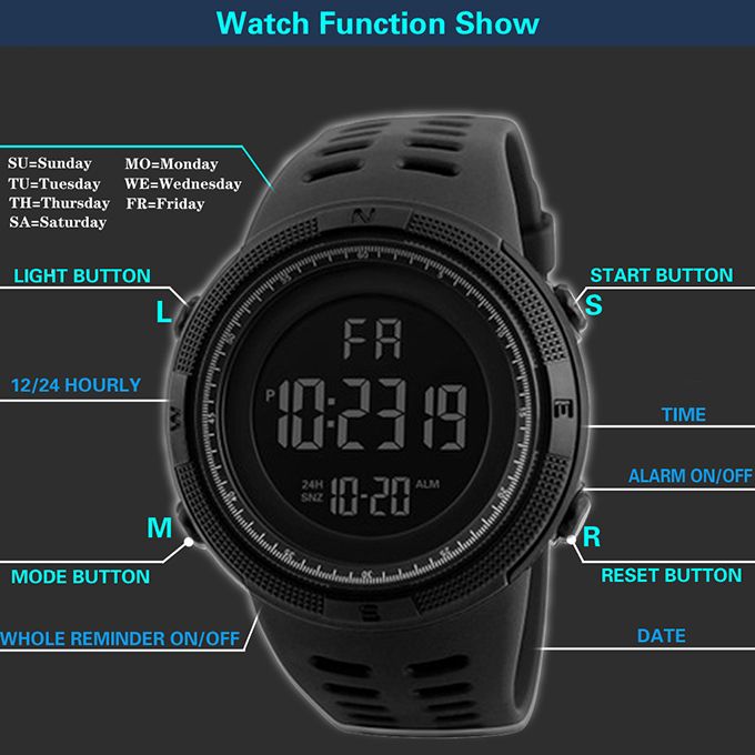 Men's Multi Functional Sports Waterproof Electronic Watch