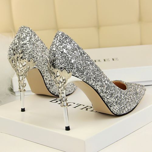 Ladies Heels Metallic Carved Sequins Sandals Silver