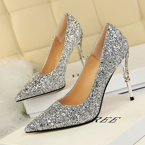 Ladies Heels Metallic Carved Sequins Sandals Silver