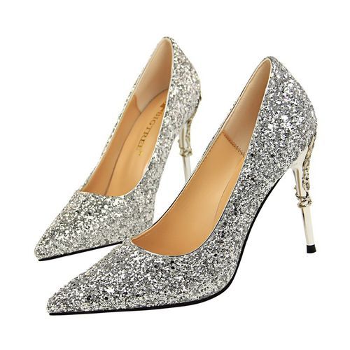 Ladies Heels Metallic Carved Sequins Sandals Silver