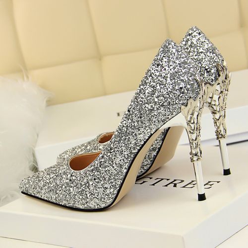 Ladies Heels Metallic Carved Sequins Sandals Silver