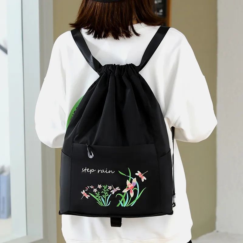 Women Embroidered Drawstring Large Capacity Folding BackPack Storage Bag _ Black