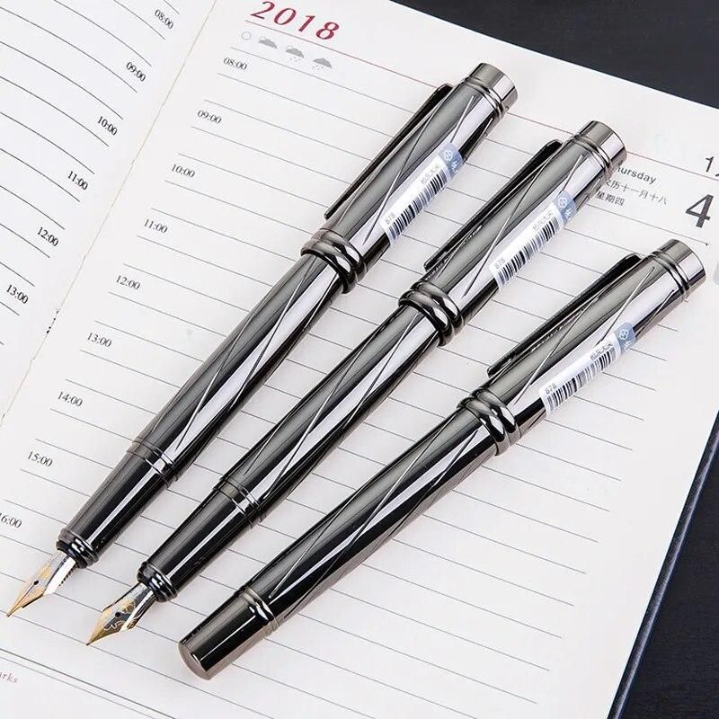 High Quality Metal Silver Fountain Pen Luxury Brand Office Business Writing Ink Pens 0.5mm Nib School Stationery Gifts Supplies