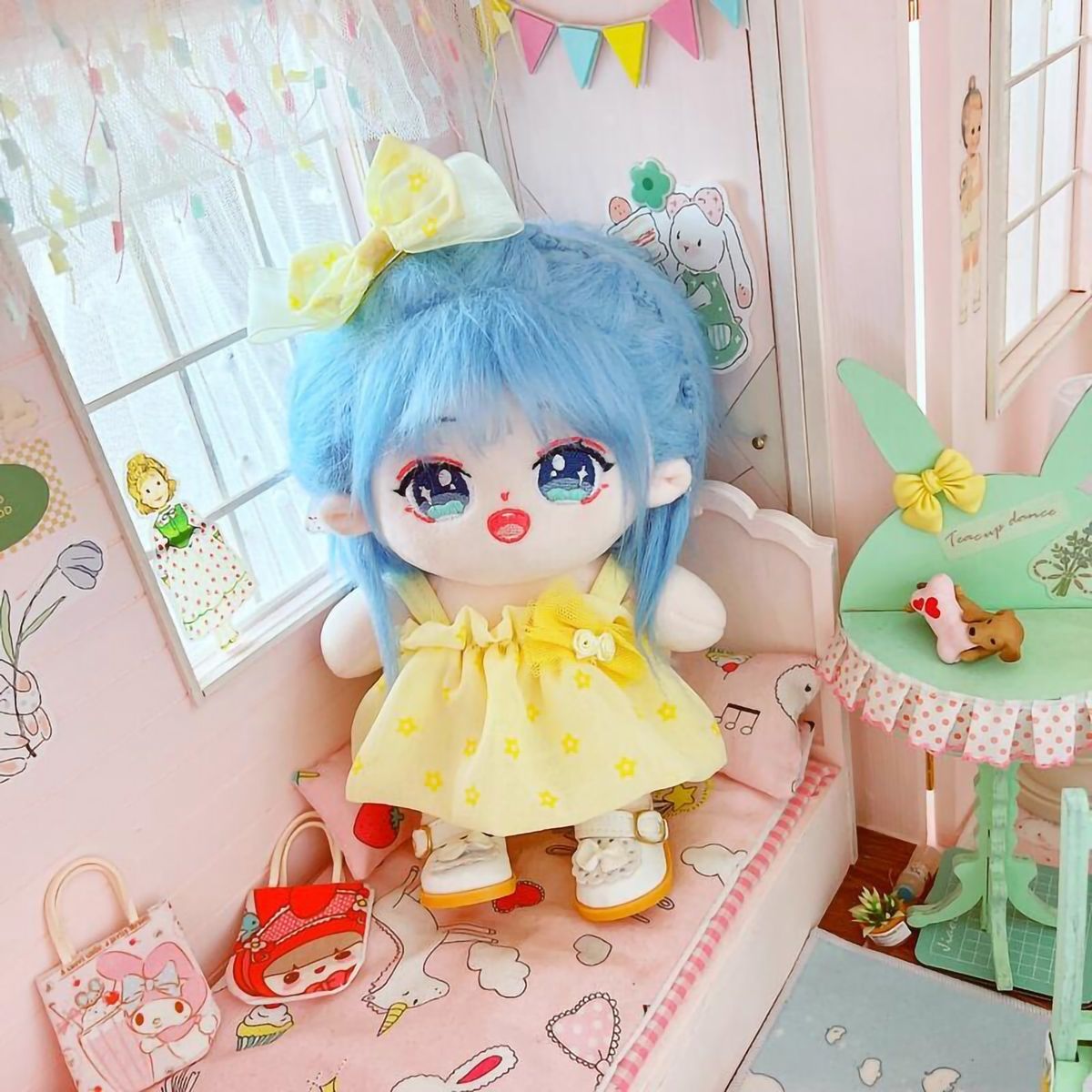 Doll Skirt Set 20cm Cotton Girl Doll Dress Headdress Set Yellow