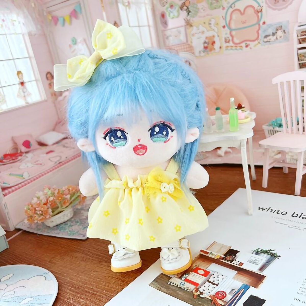 Doll Skirt Set 20cm Cotton Girl Doll Dress Headdress Set Yellow