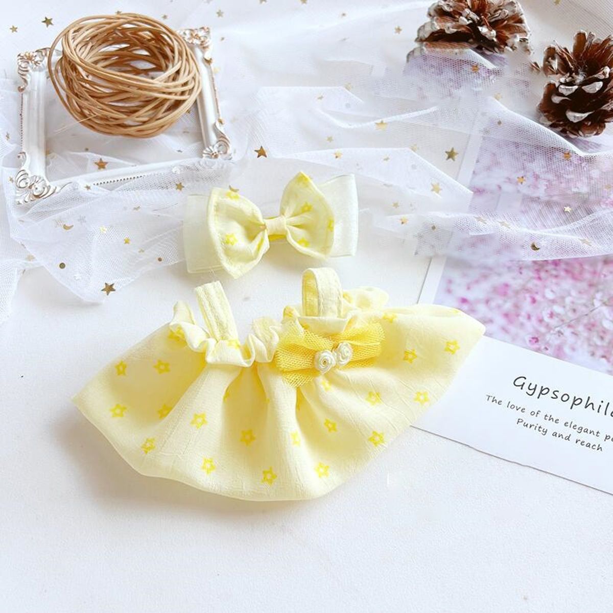 Doll Skirt Set 20cm Cotton Girl Doll Dress Headdress Set Yellow