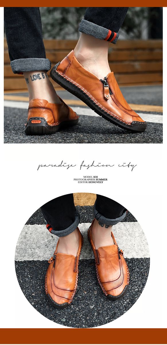Men Hand Stitching Zipper Slip-ons Leather Shoes