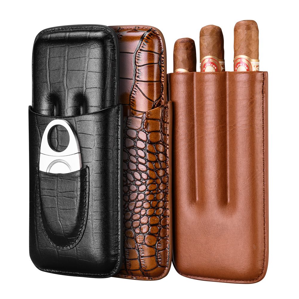 Portable Leather Cigar Case With Cigar Cutter 3 Tube Holder