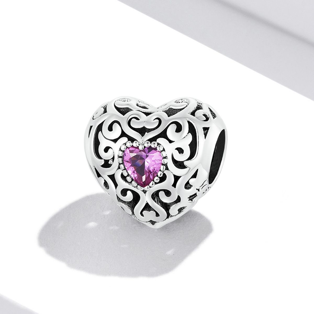 S925 Sterling Silver Retro Flower Texture Heart Beads