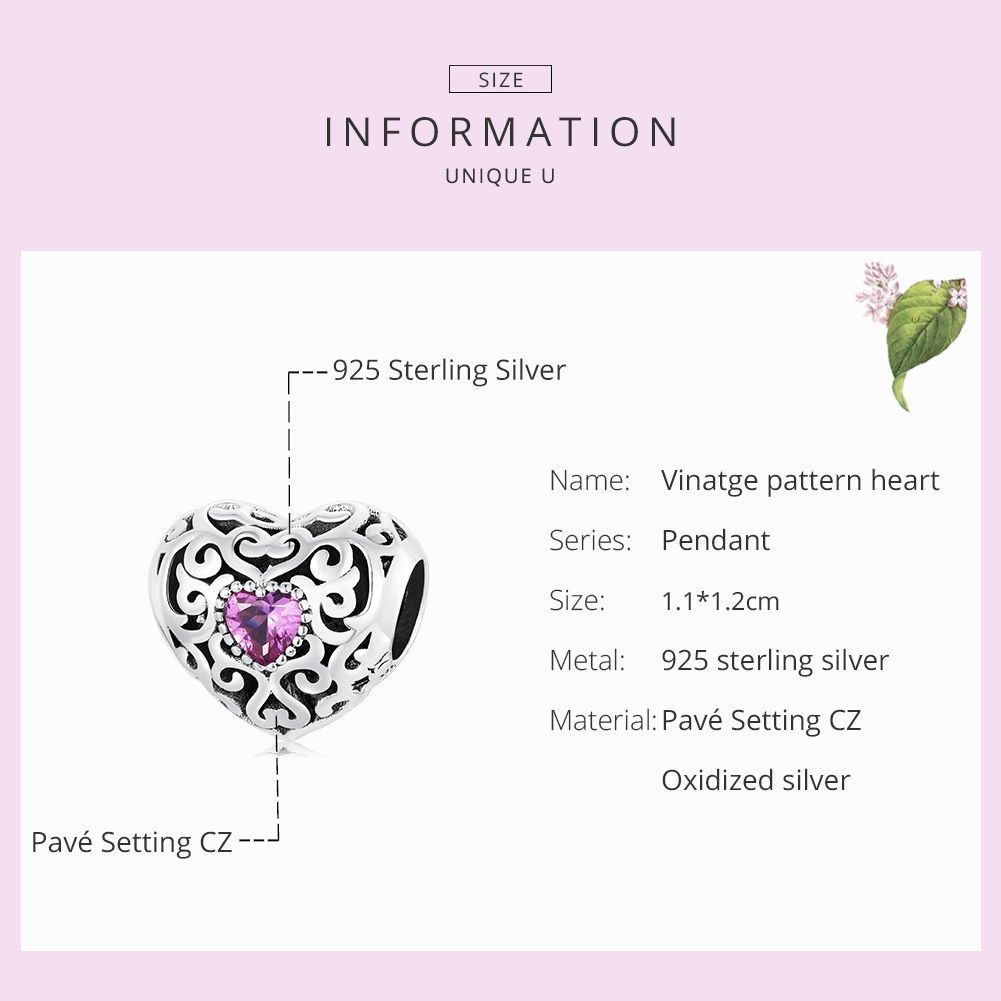 S925 Sterling Silver Retro Flower Texture Heart Beads