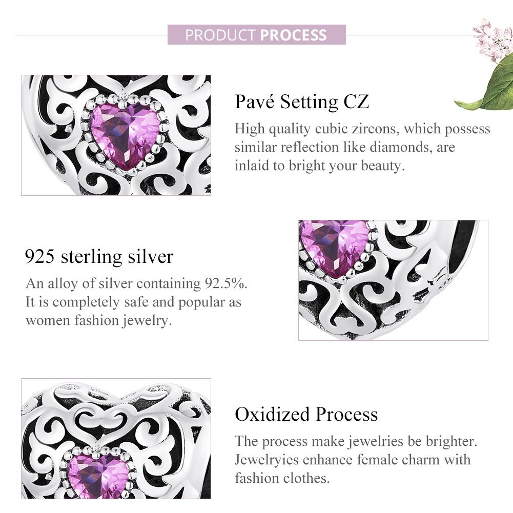 S925 Sterling Silver Retro Flower Texture Heart Beads