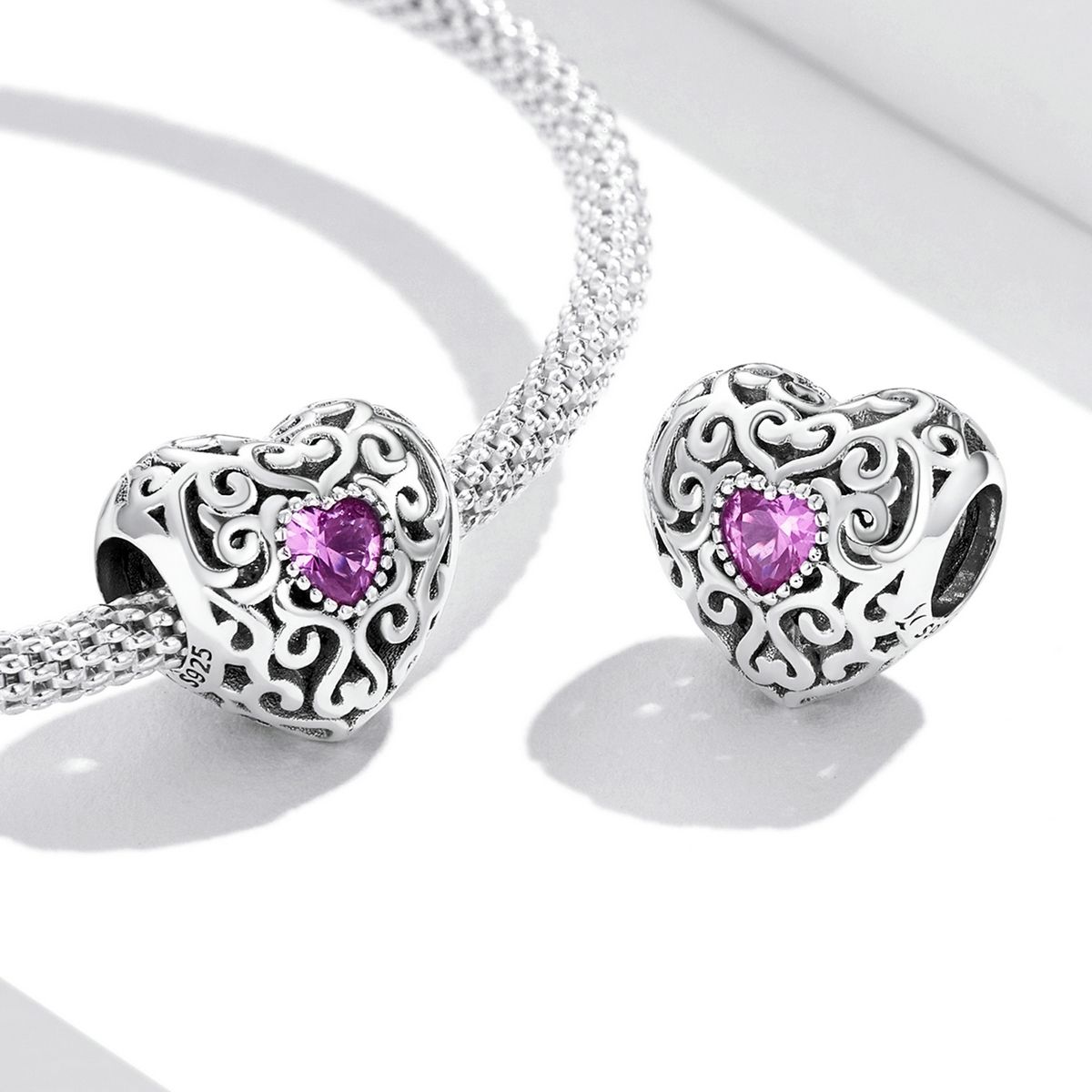 S925 Sterling Silver Retro Flower Texture Heart Beads