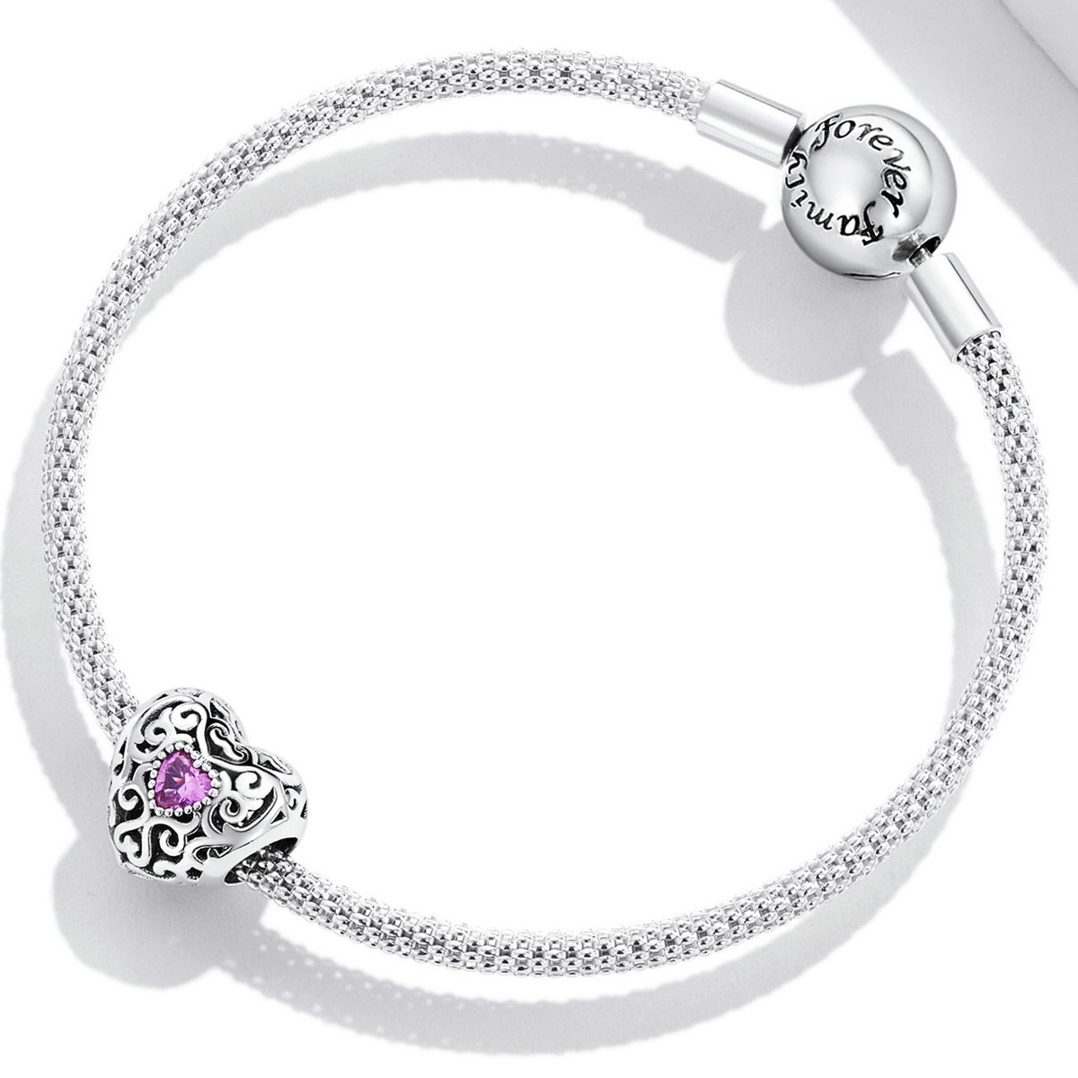 S925 Sterling Silver Retro Flower Texture Heart Beads