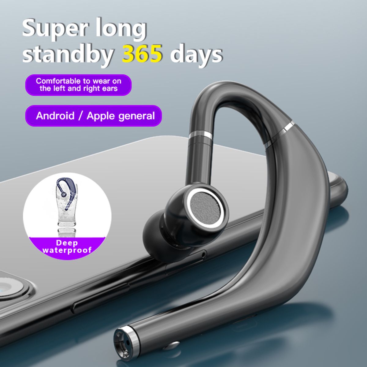 RD09 Ear Hook Bluetooth 5.0 Stereo Rechargeable Long-Black