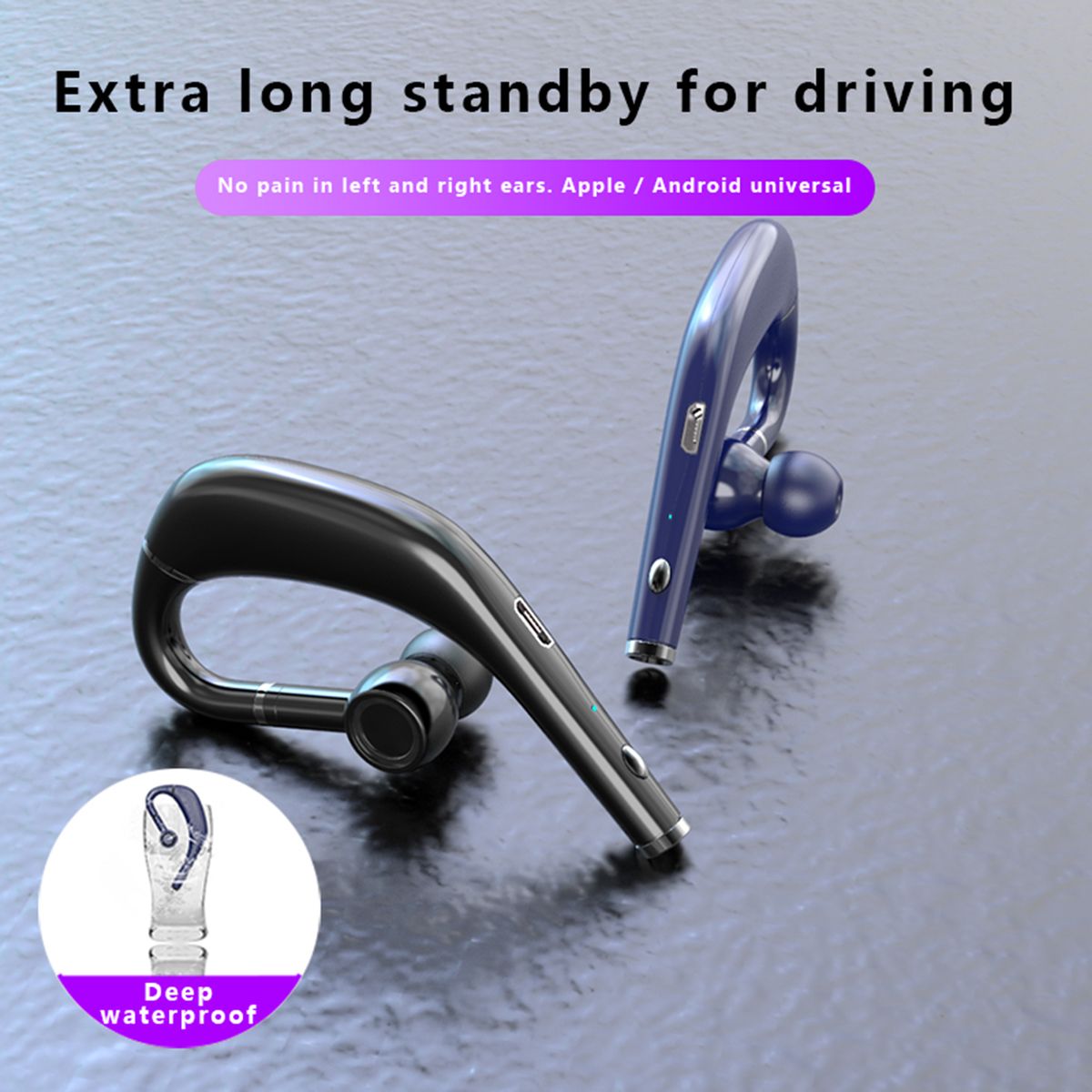 RD09 Ear Hook Bluetooth 5.0 Stereo Rechargeable Long-Black