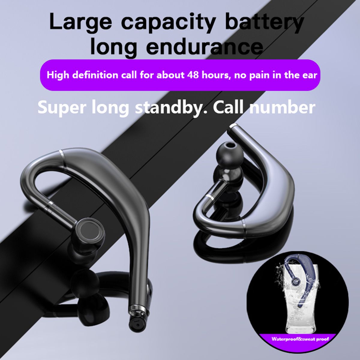 RD09 Ear Hook Bluetooth 5.0 Stereo Rechargeable Long-Black