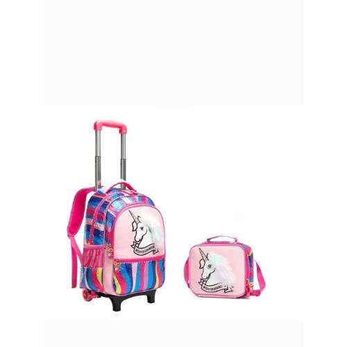 Sequin Rainbow Unicorn Hair Fur High Quality Trolley School Bag - 2 In 1 Big