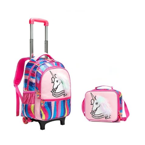 Sequin Rainbow Unicorn Hair Fur High Quality Trolley School Bag - 2 In 1 Big