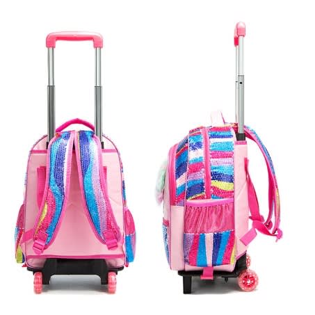 Sequin Rainbow Unicorn Hair Fur High Quality Trolley School Bag - 2 In 1 Big