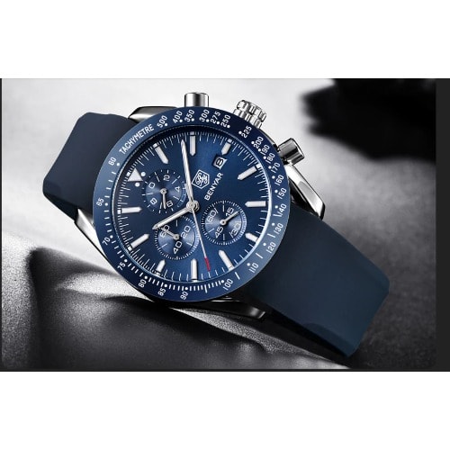 Benyar - Silver Stainless Rubber Strap Chronograph Watch - Blue